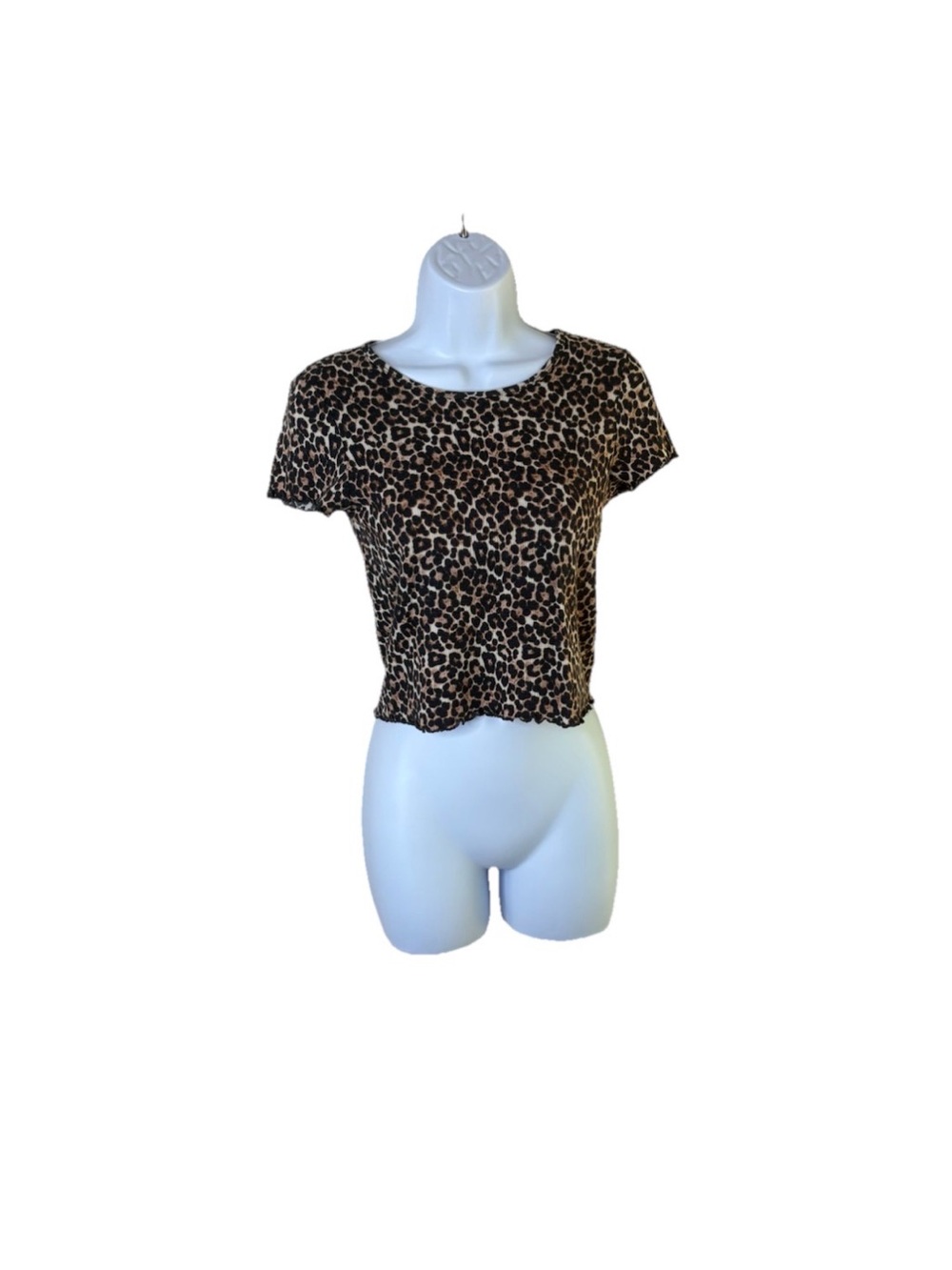 American Eagle Leopard Print Lettuce Edge Crop Baby Tee Sz Sm Short Sleeve Top